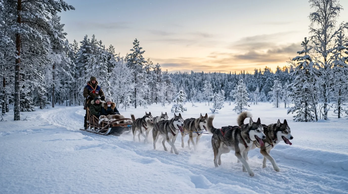 Huskies em um passeio de trenó pela neve