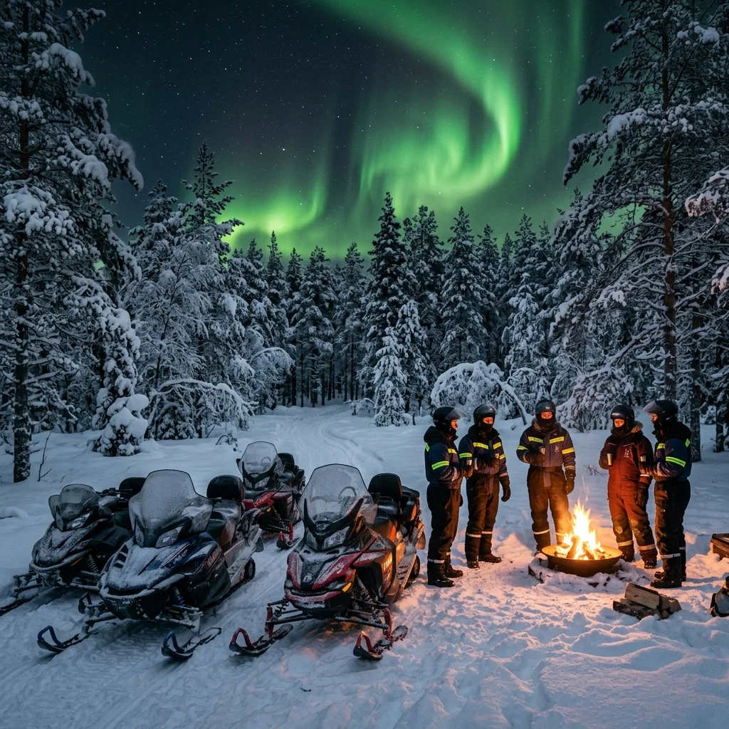 Snowmobiles sob o céu da Lapônia